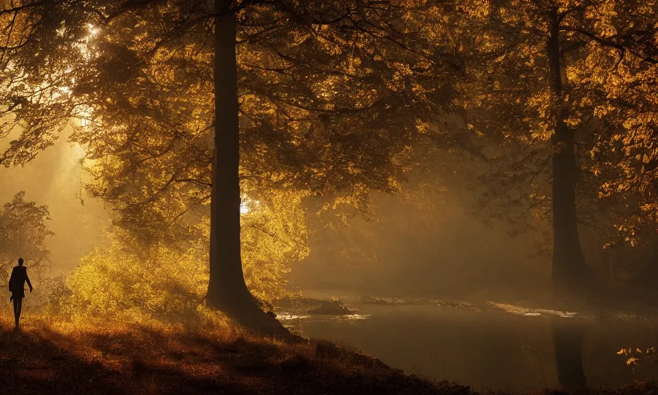 Image similar to A matte painting of an adventurer walking along the river bank in a forest during the golden hour in autumn, surrounded by dust and volumetric light shining through the tree tops