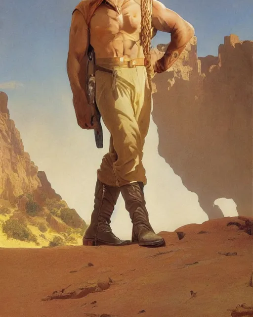 Prompt: doc savage in the desert wearing jodhpers and knee high boots, fantasy character portrait, ultra realistic, concept art, intricate details, highly detailed by soft light, volumetric light, misty, william adolphe bouguereau, munch, maxfield parrish, james bama, and frank frazetta