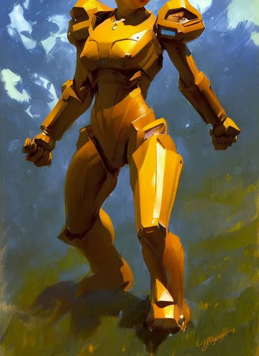 Image similar to Greg Manchess painting of Samus from Metroid Prime, countryside, calm, fantasy character portrait, dynamic pose, above view, sunny day, thunder clouds in the sky, artwork by Jeremy Lipkin and Giuseppe Dangelico Pino and Michael Garmash and Rob Rey, very coherent asymmetrical artwork, sharp edges, perfect face, simple form, 100mm