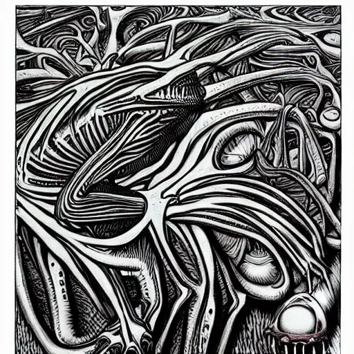 Image similar to eldritch frog abomination of unimaginable horror by h. r. giger and junji ito, speculative evolution, op art with big bold patterns