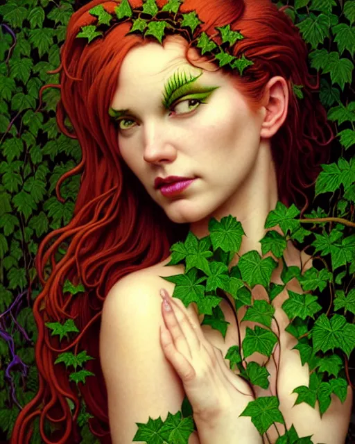 Prompt: closeup portrait the platonic ideal of flowers and vines, poison ivy, beautiful succubus, intricate, hyperrealism, intense, dmt, artgerm, moebius, glamour pose, arney freytag, greg rutkowski, maxfield parrish, dan mumford, moebius, alphonse mucha