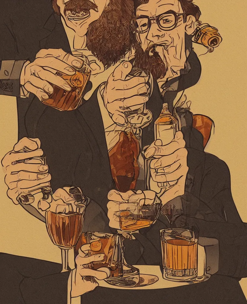 Image similar to man drinking whiskey on birthday, highly detailed 2 d illustration in matte colors, artwork by disney studio