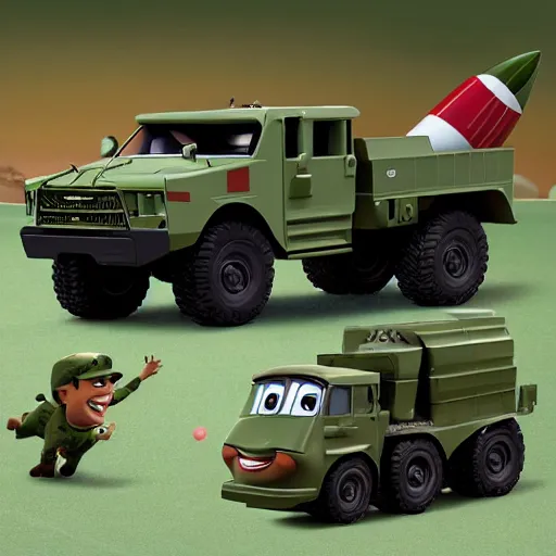 Image similar to HIMARS with rockets, Cars Pixar movie style, detailed, green