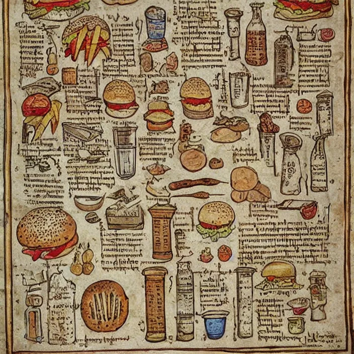 Image similar to ( ( ( ( illustrated recipe for an hamburger ) ) ) ) lot of medieval enluminures in the background explaining the recipe, found schematic in a notebook