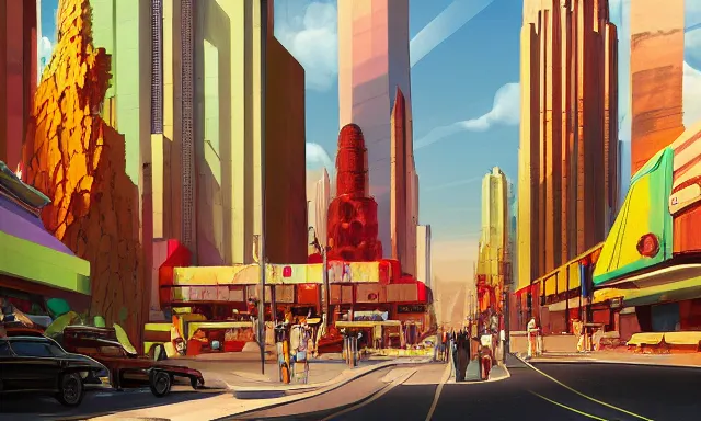Prompt: A colorful sci-fi digital concept art painting of a street-level view of a utopic art deco city, by Santeri Soininen, trending on artstation, highly detailed, matte painting