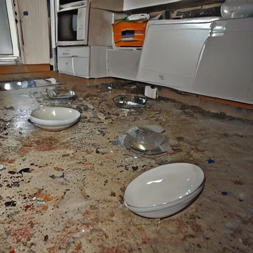 Prompt: a photo of dishes on the floor and dirt on the ceiling, digital camera from the 2 0 0 0 s