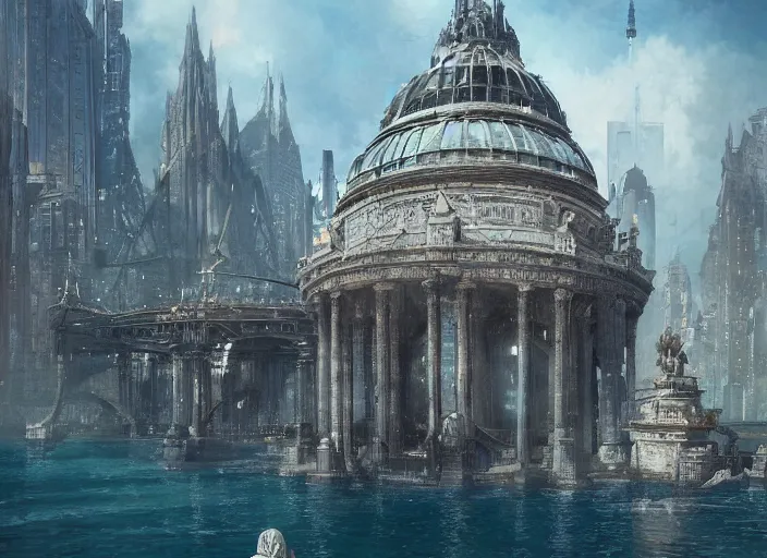 Prompt: A beautiful city under the ocean made of black steel and glass domes, anime, fountain, statue, a fantasy digital painting by Greg Rutkowski and James Gurney, trending on Artstation, highly detailed