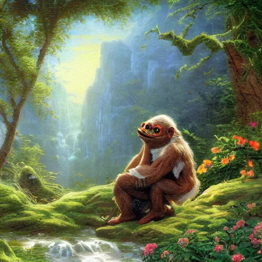 Image similar to pepe learning from apes, thomas kindkade, fantasy, intricate