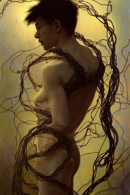 Prompt: hyperrealist portrait of elijah zu bailey, it is decorated with long wires that fall like vines and wears small computers over their body. by jeremy mann and alphonse mucha, fantasy art, photo realistic, dynamic lighting, artstation, poster, volumetric lighting, very detailed faces, 4 k, award winning, anatomy!!