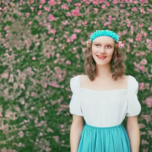 Image similar to a photograph of beautiful nordic woman, wistful smile, wearing a white folkdrakt dress, she has a summer flower headband. against a teal studio backdrop. strong kodak portra 4 0 0 film look. film grain. cinematic. in - focus