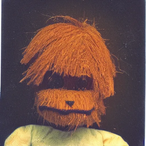 Image similar to a puppet made of human hair, old photo, expired color film, damaged photo, 1975