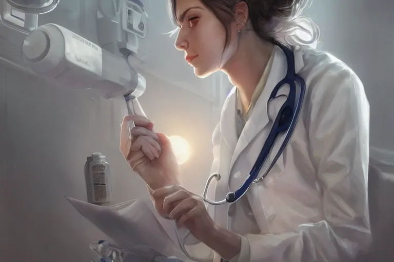 Prompt: a full portrait of an elegant and beautiful female doctor in a white coat in a hospital ward, cinematic, highly detailed, digital painting, artstation, concept art, matte, sharp focus, illustration, art by artgerm and greg rutkowski