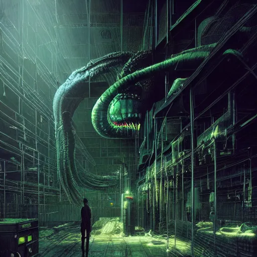 Prompt: menacing aggressive black slimy creature made out of needles, inside a gas station, aggressive harsh bright fluorescent industrial blue lighting, extremely detailed digital matte painting buy Greg Rutkowski and H.R. Giger