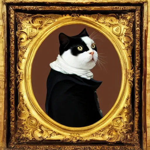 Image similar to A Baroque painting of a stylish tuxedo cat