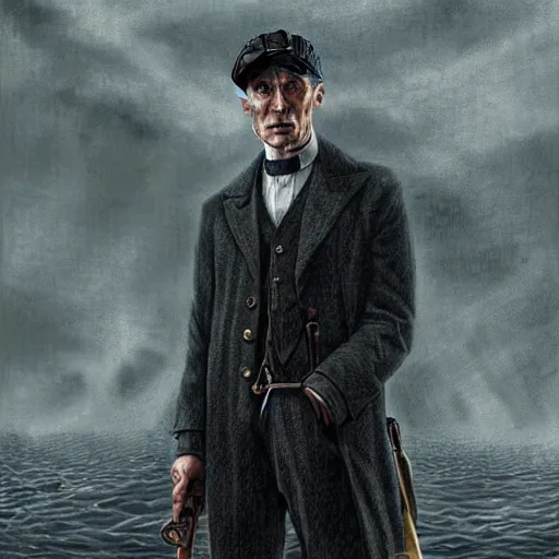 Image similar to Thomas Shelby from the peaky blinders standing in atlantis, in the style of Benjamin Bader, sharp, highly detailed, realistic face, digital art, epic, fantasy, artstation