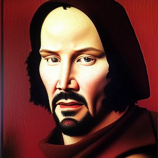 Image similar to portrait of keanu reeves, oil painting by jan van eyck, northern renaissance art, oil on canvas, wet - on - wet technique, realistic, expressive emotions, intricate textures, illusionistic detail