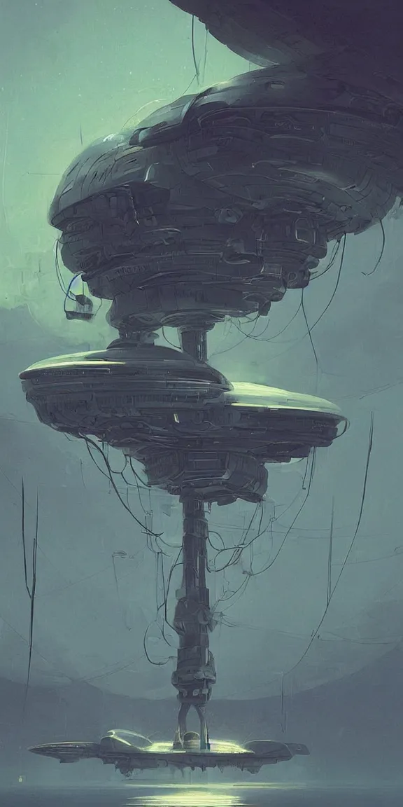 Image similar to mysterious spaceship with long tendrils, lots of hanging cables and antennas, sci - fi concept art, by john harris, by simon stalenhag, stunning, award winning