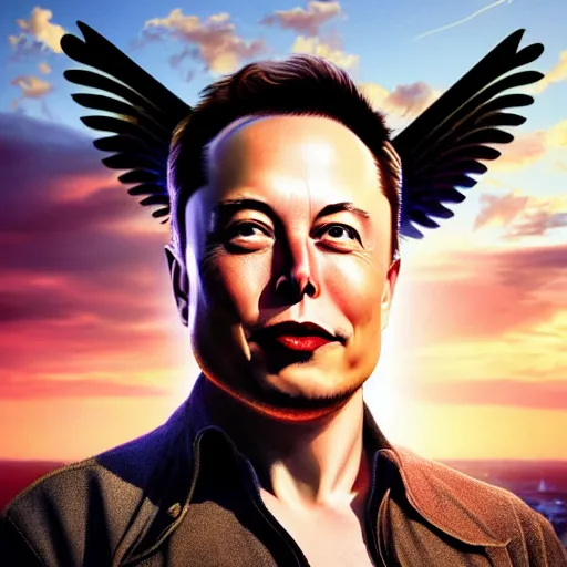 Prompt: elon musk with wings, flapping its wings flying in sunset sky, oil on canvas, portrait, intricate, 8k highly professionally detailed, HDR, CGsociety