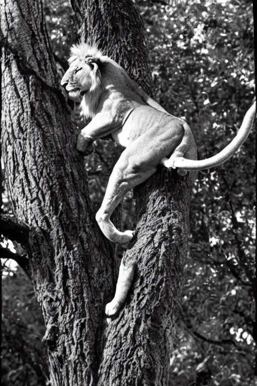 Image similar to a lion climbing a tree by dr. seuss