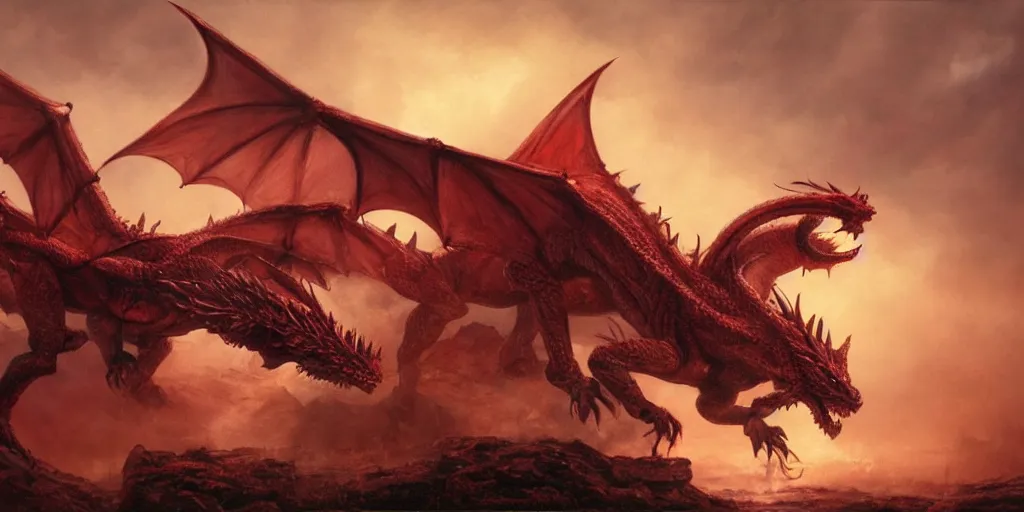 Prompt: realistic painting of a dragon eating its own heart, post - war scenery, red - toned mist, epic environment, skeletons, ultra wide angle, 8 k, ultra _ realistic, art by nills ham and alan lee