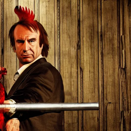 Image similar to saul goodman and a rooster in a saw movie torture chamber, saw movie jigsaw background, saul goodman, rooster, photo