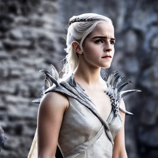 Image similar to Emma Watson as Daenerys Targaryen, XF IQ4, f/1.4, ISO 200, 1/160s, 8K, Sense of Depth, color and contrast corrected, AI enhanced, Dolby Vision, in-frame