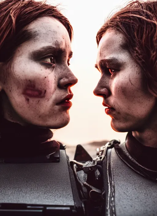 Image similar to cinestill 5 0 d photographic portrait of two loving female androids wearing rugged black techwear on a desolate plain with a red sky in front of a brutalist dark metal building, extreme closeup, cyberpunk style, dust storm, 8 k, hd, high resolution, 3 5 mm, f / 3 2, ultra realistic faces, ex machina