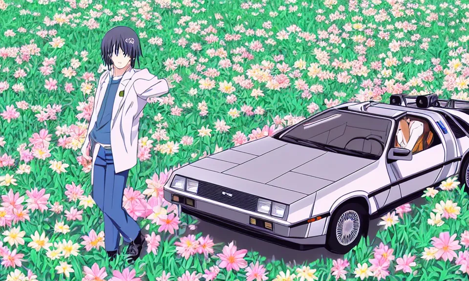 Image similar to a delorean standing in a flower field, anime style