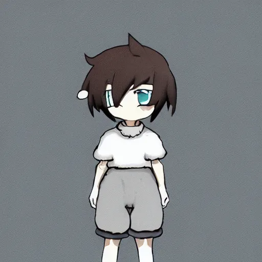 Prompt: boy wearing sheep suit. white, gray, blue, green and brown pallet color. made in abyss art style