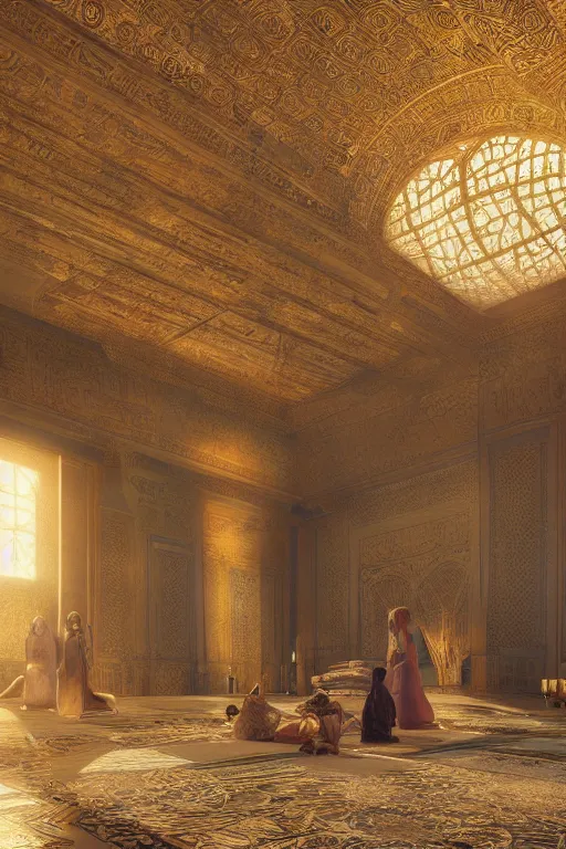 Prompt: inside a luxurious Egyptian palace, portrait, powerfull, intricate, elegant, volumetric lighting, scenery, digital painting, highly detailed, artstation, sharp focus, illustration, concept art, ruan jia, steve mccurry