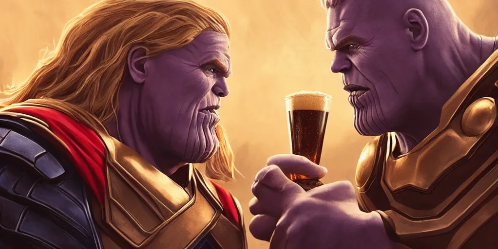 Image similar to Thanos and Thor having beers in a tabern, elegant, highly detailed, artstation, concept art, smooth, sharp focus, 4k