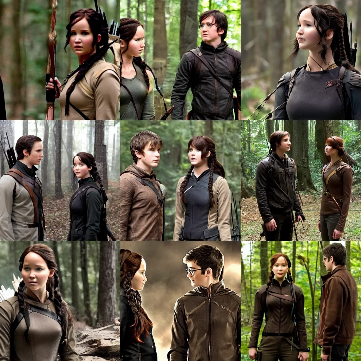 Prompt: Katniss Everdeen meets Harry Potter, tv still from 'The Hunger Games'