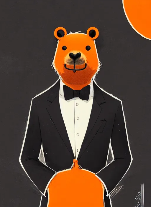 Image similar to highly detailed closeup portrait of an anthropomorphic capybara!, black formal suit by atey ghailan, by greg rutkowski, by greg tocchini, by james gilleard, by joe fenton, by kaethe butcher, gradient orange, black and white color scheme, grunge aesthetic!!! ( ( graffiti tag wall background ) )