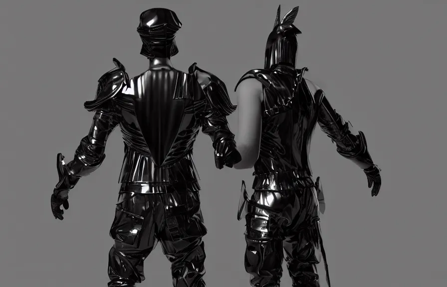 Image similar to futuristic warrior with black latex, with his back to the viewer, futuristic latex armor, back light, full body view, 8 k, 3 d render, cinematic lighting