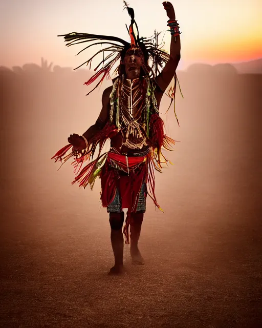 Prompt: tribal chaman dancing as vegetation and flowers grows up around him on the dry desert with cracked soil with fog, epic photography, sunset lighting , 8k