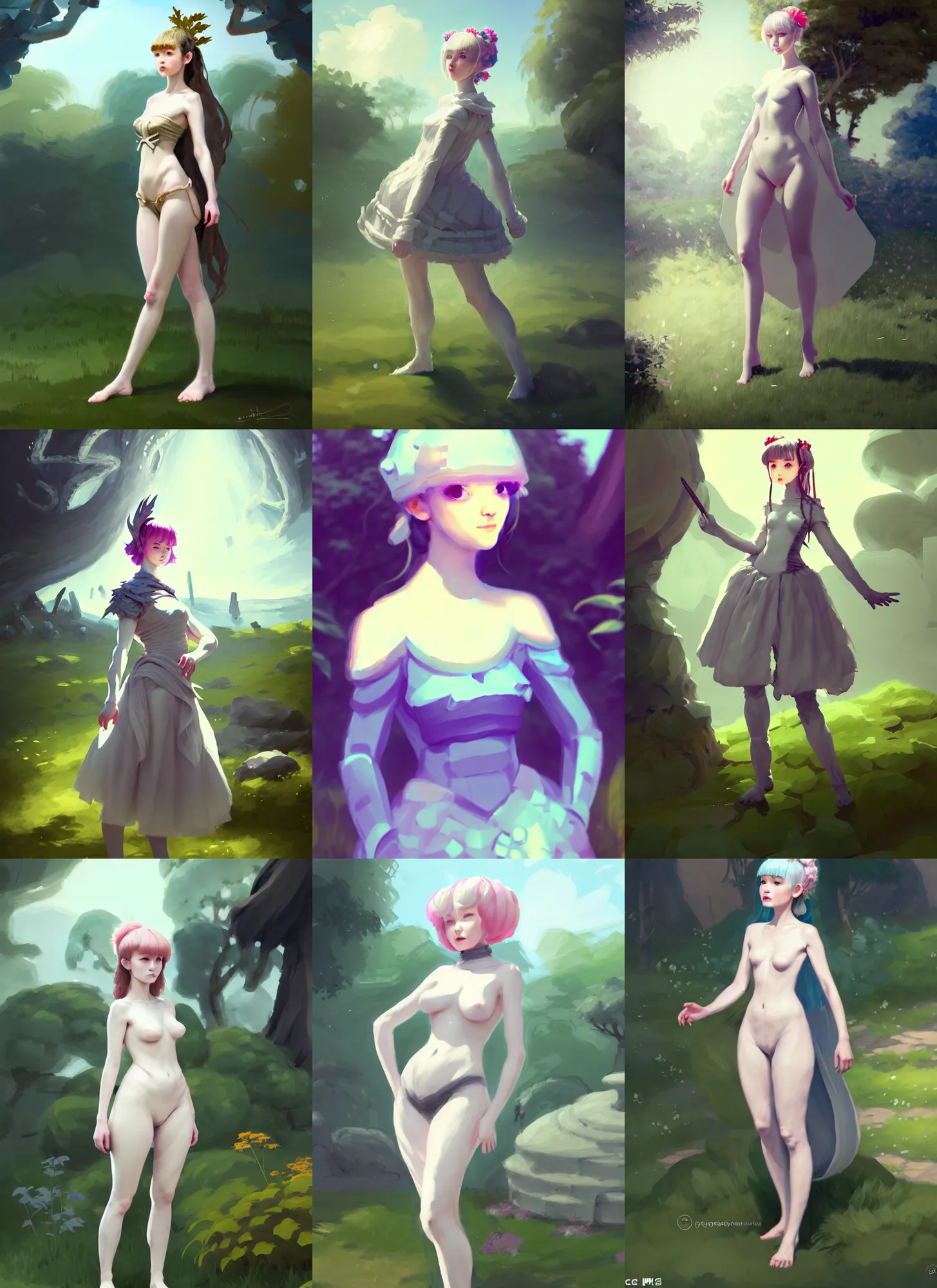 Prompt: photoshop traditional brushes strokes test, costume design from ice golem designers, artist reference pictures pose, sophisticated composition, old masters light composition, procedurally generated, epic kawaii human girl character posing for concept art, ancient garden behind her, substance designer, PBR, HD, Ultra detailed, hyperrealistic, megascans, volumetric light, concept by master artist, made in paint tool SAI2, trending pixiv face