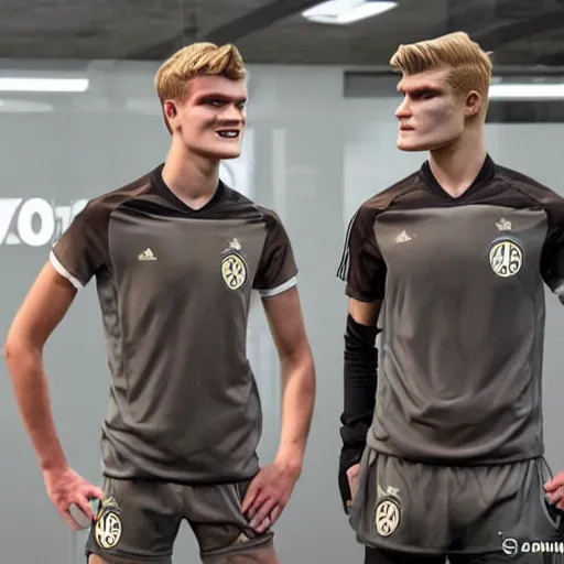 Image similar to a realistic detailed photo of a guy who is an attractive humanoid who is half robot and half humanoid, who is a male android, soccer players martin ødegaard & timo werner, shiny skin, posing like a statue, blank stare, in a factory, on display, showing off his muscles, gold soccer shorts, side view, looking at each other mindlessly