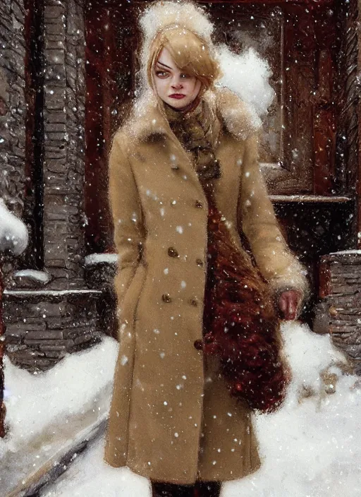 Prompt: emma stone beige coat walking into new york apartment building in winter, close up of wreath on door, snow, artwork by gaston bussiere, craig mullins, trending on artstation