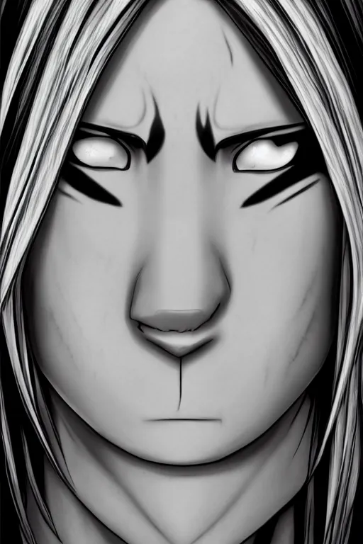 Image similar to orochimaru naruto character portrait, realistic, 4 k, photo realism, black and white, perfect face