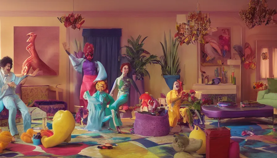 Prompt: movie still by alejandro jodorowsky of a beautiful day in a family living room in suburban usa, visible magic energy, dream creature costumes, floating large fruit, exotic aquarium, digital parade float, cinestill 8 0 0 t eastmancolor technicolor, high quality, very detailed, heavy grain, fine facial features, 8 k, octane render