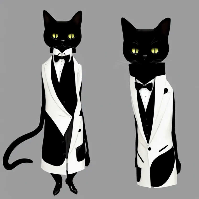 Image similar to slim cruel business humanoid cat in tuxedo with black bob hair, elegant, 2 d, ultra highly detailed, digital painting, smooth, sharp focus, artstation, art by ilya kuvshinov!