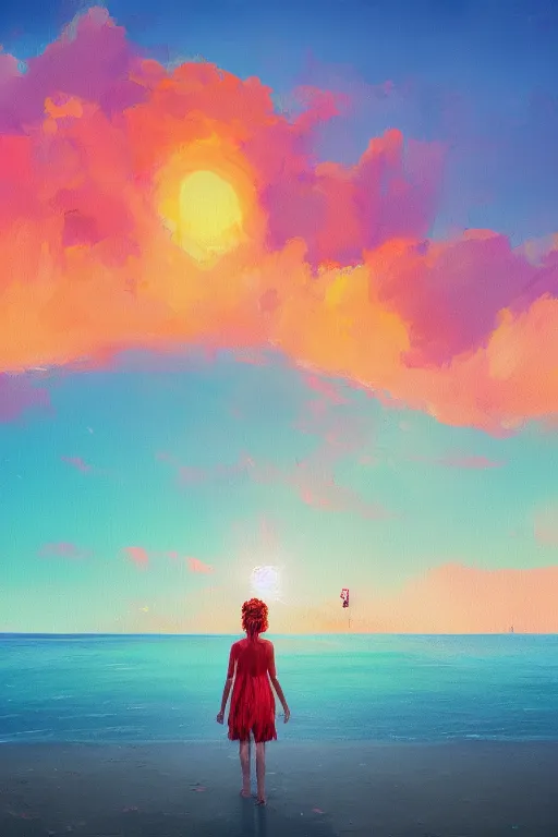 Image similar to giant flower head, girl walking on a beach, surreal photography, sunrise, dramatic light, impressionist painting, colorful clouds, digital painting, artstation, simon stalenhag