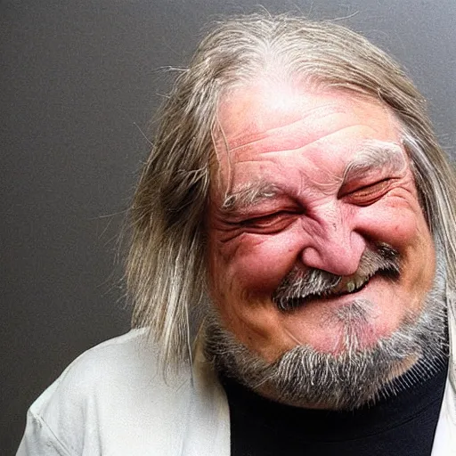 Prompt: laughing robert wyatt with mouth wide open pointing a gun directly at the camera