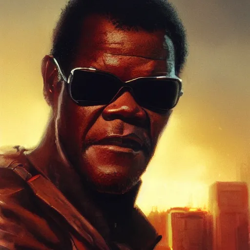 Image similar to closeup portrait of a young samuel jackson as the terminator, city background, dramatic light, gorgeous view, depth, high detail, digital art, painted by greg rutkowski, trending on artstation