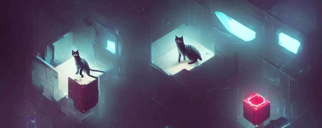 Image similar to duotone noir scifi concept illustration of 3 d mesh of cat inside box zero gravity glowing 3 d mesh quantum portals, glowing eyes, octane render, surreal atmosphere, volumetric lighting. accidental renaissance. by sachin teng and sergey kolesov and ruan jia and heng z. graffiti art, scifi, fantasy, hyper detailed. trending on artstation