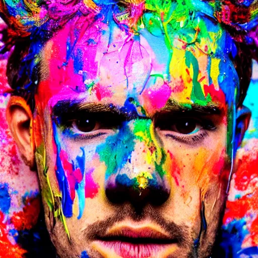 Prompt: a portrait of abstract guy's face with full of paint on the face