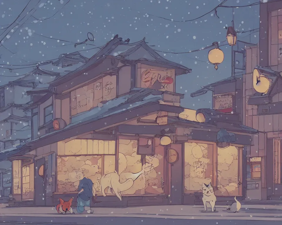 Prompt: beautiful illustration of a dog chasing a cat in front of a small shop front in kyoto on a fine summers day, anime manga style, with snow, aesthetic, cory loftis, james gilleard, atey ghailan, makoto shinkai, goro fujita, studio ghibli, makoto shinkai