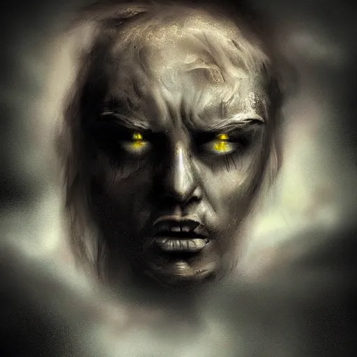 Prompt: a face in anguish coming out of the clouds, dark skies, ominous mood, breathtaking digital painting,