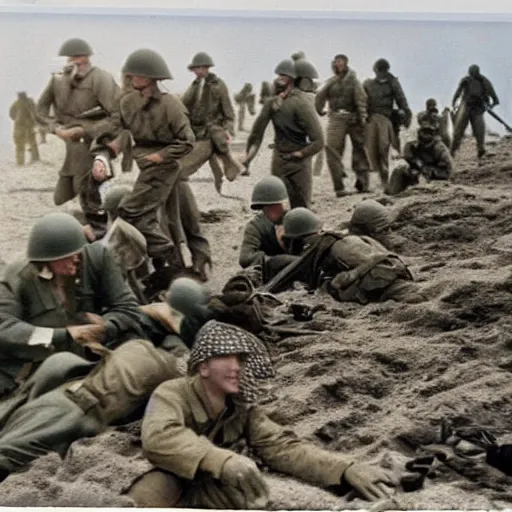 Prompt: ww 2 realistic photo in color beach landing, battle on the beach, blood everywhere, explosions