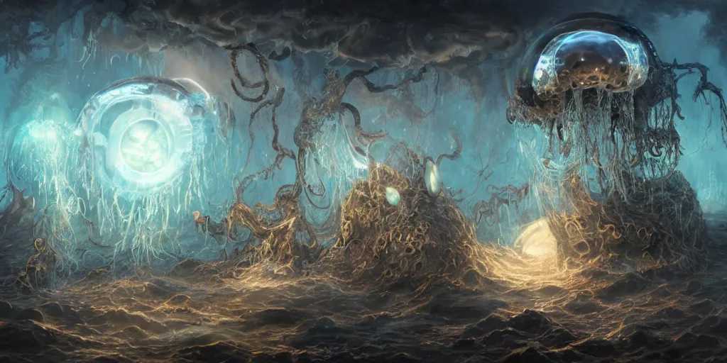 Image similar to concept art of giant translucent glowing jellyfishes, renaissance, divers helmet, lots of teeth, melting horror, round moon, rich clouds, fighting the horrors of the unknown, mirrors, very detailed, volumetric light, mist, grim, fine art, decaying, textured oil over canvas, epic fantasy art, very colorful, ornate, anato finnstark